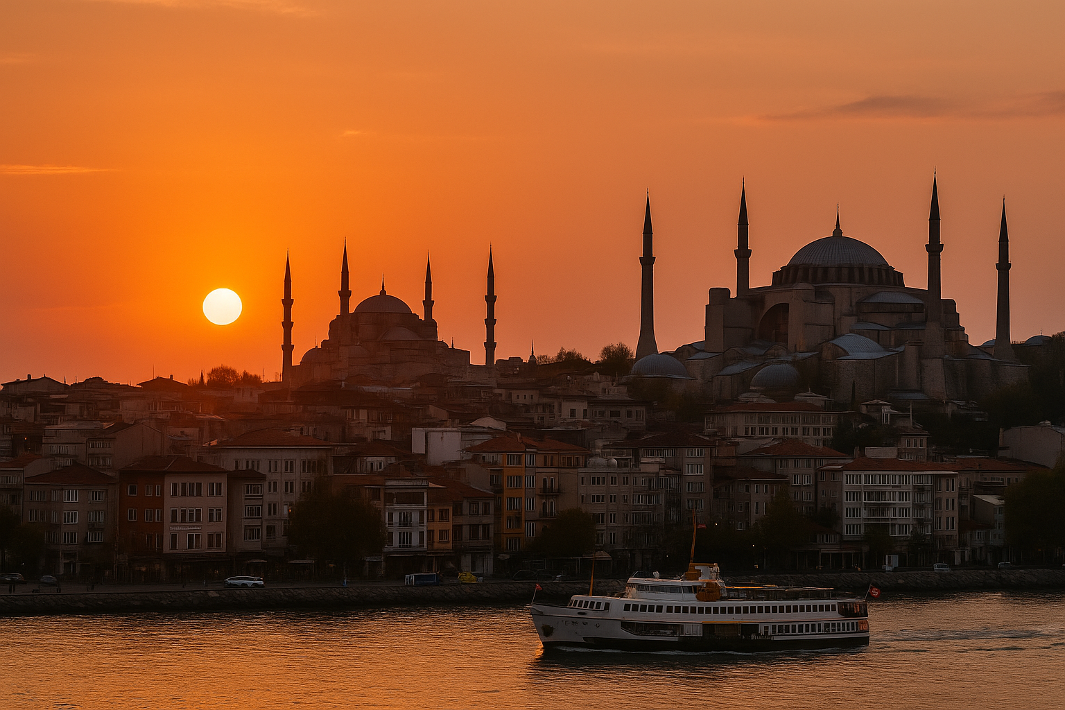 Istanbul skyline and Bosphorus at sunset